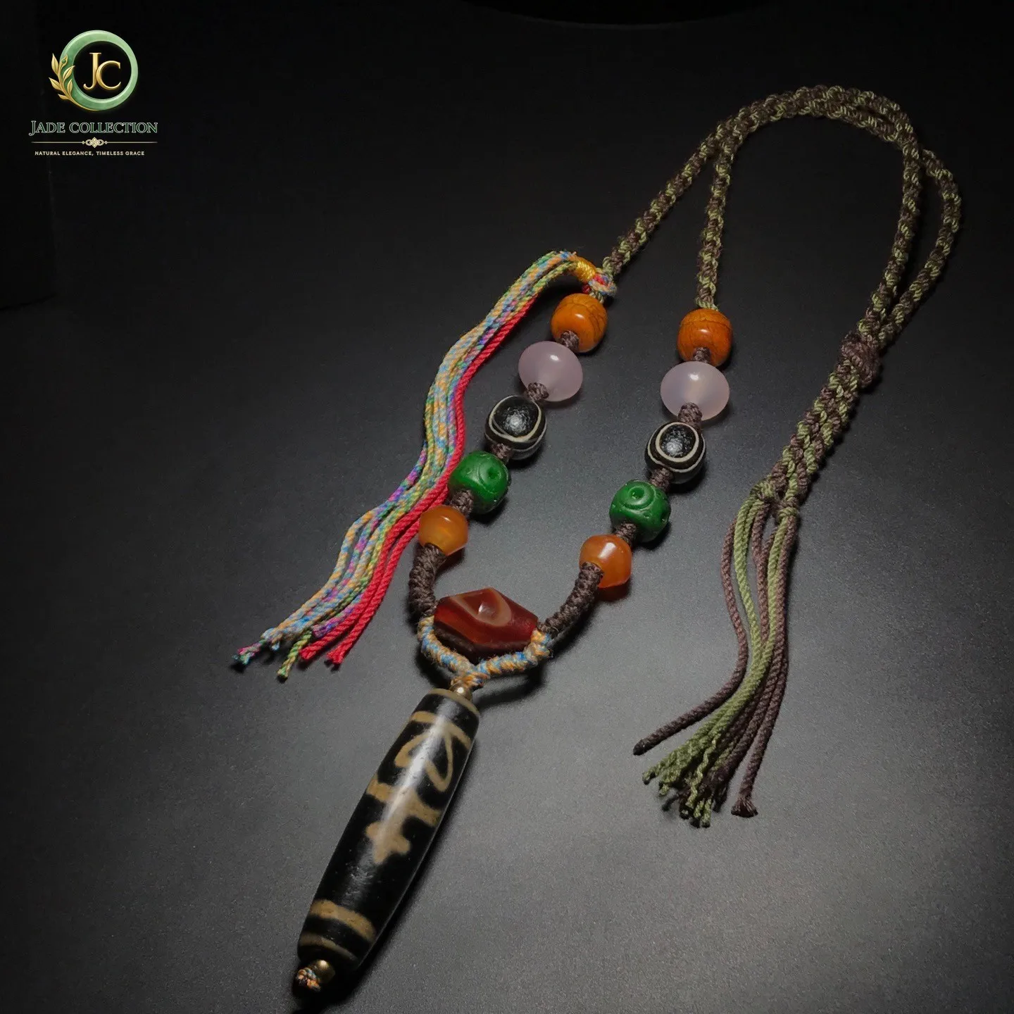 Collectible Tibetan Old Agate Dzi Aquarius Beads Amulet Necklace J0324