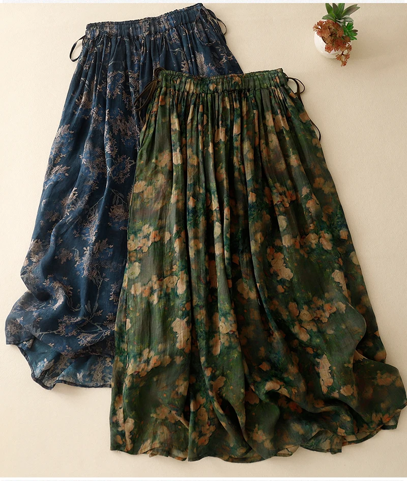 Vintage Women Skirts 2024 New Spring/summer Cotton Linen A-LINE Korean Clothing Sales High Waist Loose Print Chinese Style Skirt