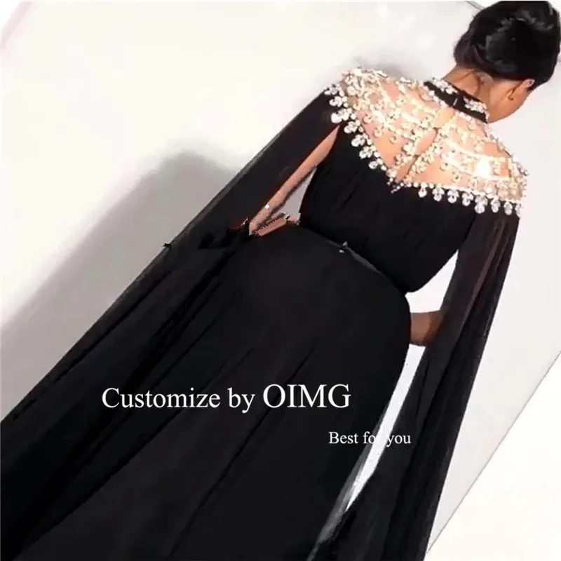 OIMG Shiny Crystal Black Chiffon Muslim Arabic Women Evening Dresses Long Cape Sleeves High Neck Sash Formal Party Prom Gowns