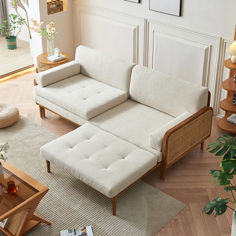 

Solid wood sofa, small living room, three person multifunctional rattan woven sofa bed