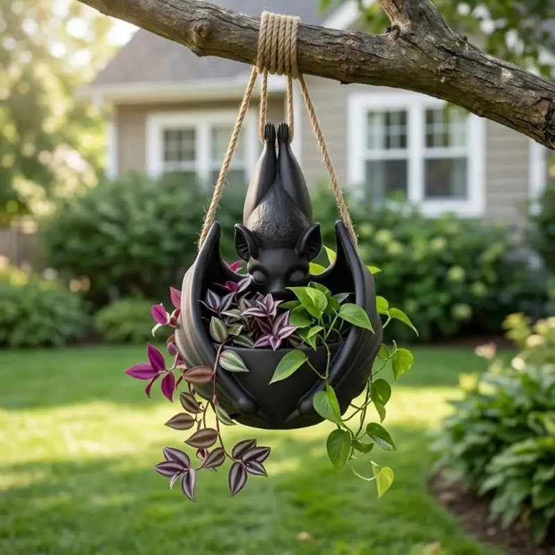 3D Printing Gothic Style Bat: Hanging Planter Creative Whimsical Black Plastic Wing Flowerpot