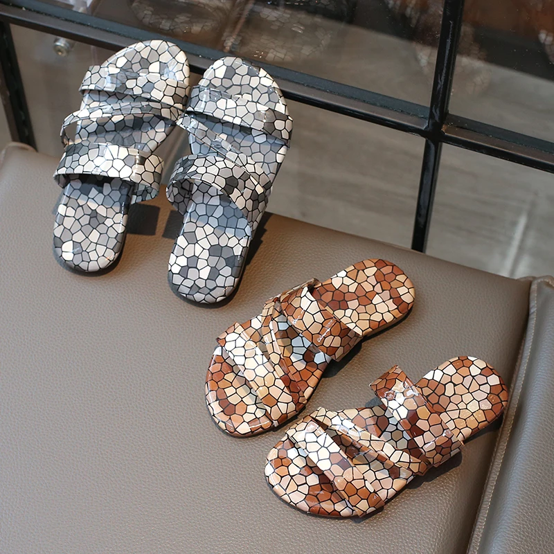 Children's Fashion Non-slip Soft Sole Flat Flip-flops Silver/brown Girls Summer Indoor PU Flip-flops Size 26-36