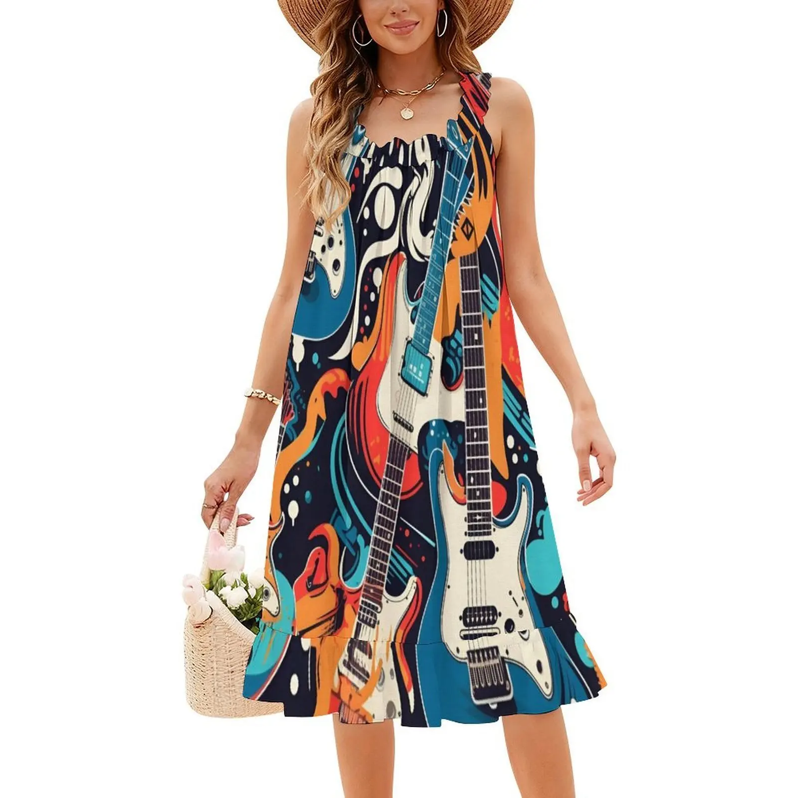 ملون الغيتار الكولاج خلفية خمر البوهيمي اللباس نفخة الأكمام أو خيارات بلا أكمام للنساء اللباس الغيتار الملونة #4