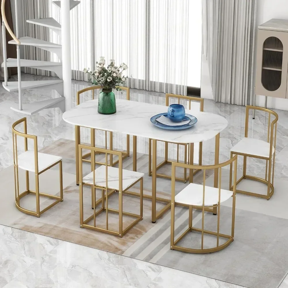 S9ba447339b0e4cfaa11677472384f635F 7-piece dining table and chairs set for small spaces, faux marble kitchen table, modern style dining table set Dining Room Sets