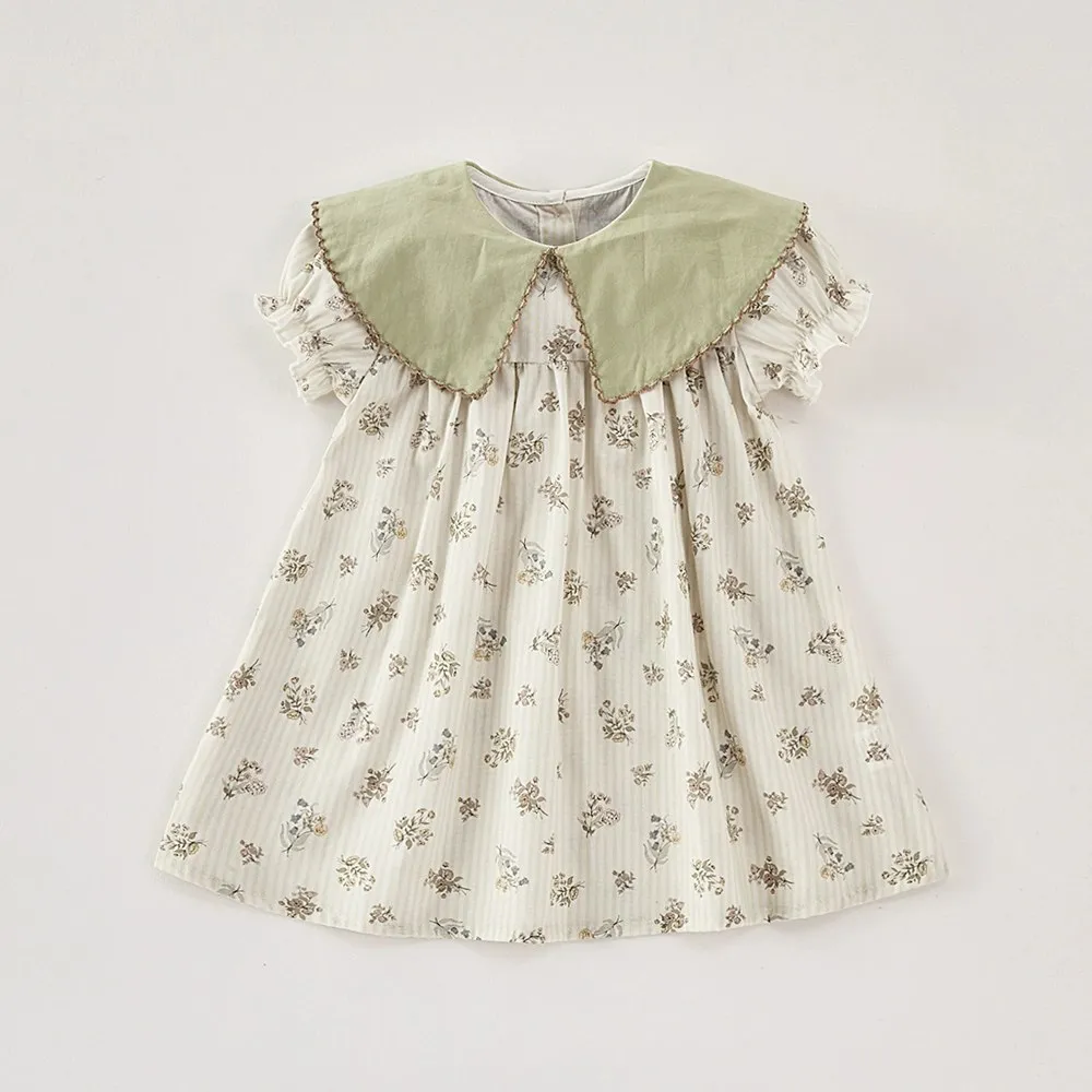 

baby girls clothes summer baby dresses Green collar floral print dress Rural style short sleeved dress