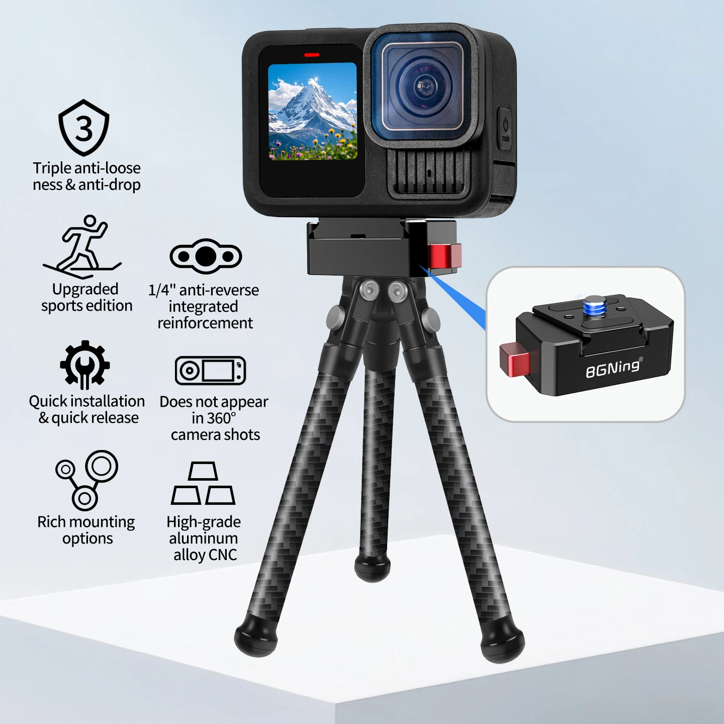 Verbesserte Anti-Rutsch-Schnellverschluss-Klemmhalterung für GoPro Insta360 DJI DSLR Kamera Gimbal Stabilisator Motorradfahren Radfahren Vlog – Detail 2