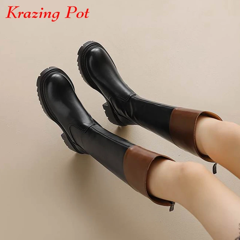 

Krazing Pot Full Grain Leather Round Toe Winter Warm Knight Boots Med Heels Gladiator Plus Size 42 Mixed Color Thigh High Boots