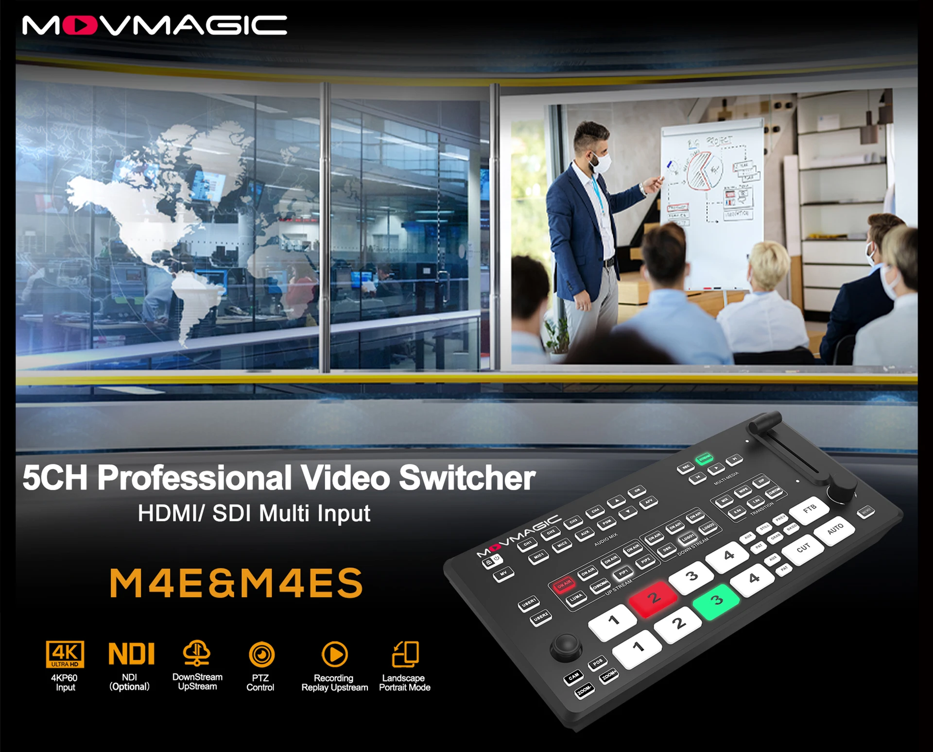 Movmagic M4E 5 Channel Switcher HDMl&SDI&NDI&USB Professional 4K Recordable Video Switcher