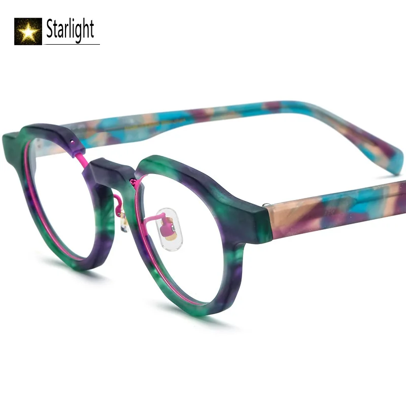 Patchwork color Small Face Glasses Frame Man matte Acetate round Fashion Eyeglasses Frames Men Myopia Women Prescription 137mm