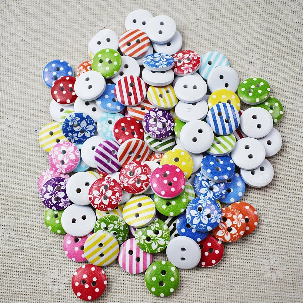 50PCS Flower Round Wood Button Handmade Round Wooden Buttons with 2 Holes 15MM for Sewing Craft Accessories