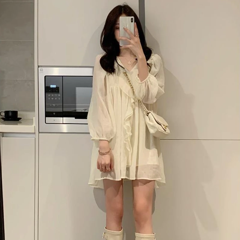 Long Sleeve Dress Women Solid Elegant Princess Ruffles V-neck Ins Femme Basic Design Mini Popular Spring Chic Hot Sale Ulzzang