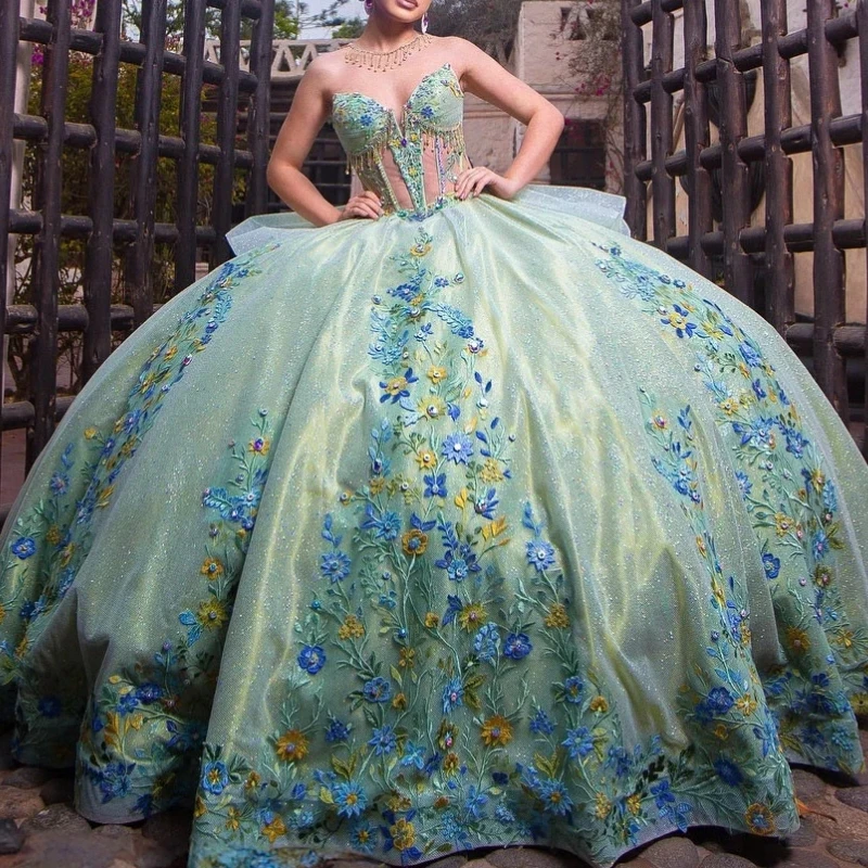 Vestido verde personalizado para mujer, traje De fiesta con hombros descubiertos, encaje De ilusión, para quinceañera, 15 Años, 16 Años