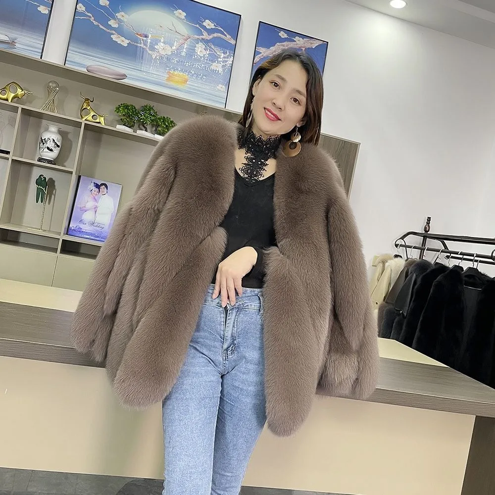 

Fashion new women's V-neck mid-length fur imported Finnish blue fox long-sleeved coat water drop classic style fox fur jacket