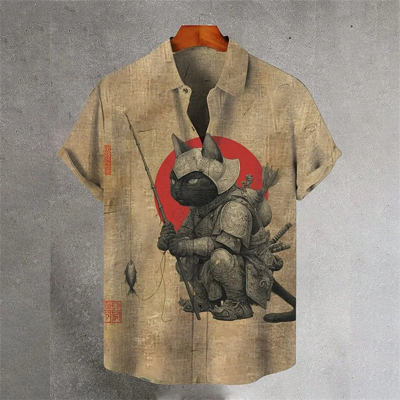 

Мужская льняная рубашка на пуговицах с коротким рукавом, летняя рубашка с рисунком черного кота, самурай, сакура, стоячий топ в стиле Харадзюку