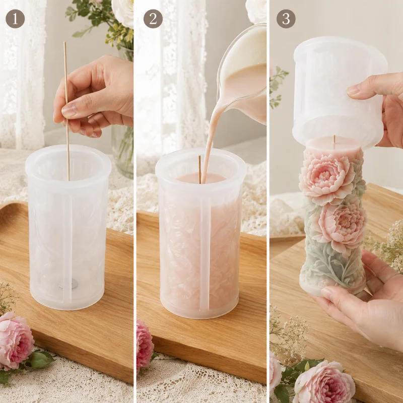This three-piece vintage floral embossed silicone candle mold set features a 3D lotus and tulip design, perfect for DIY crafts.