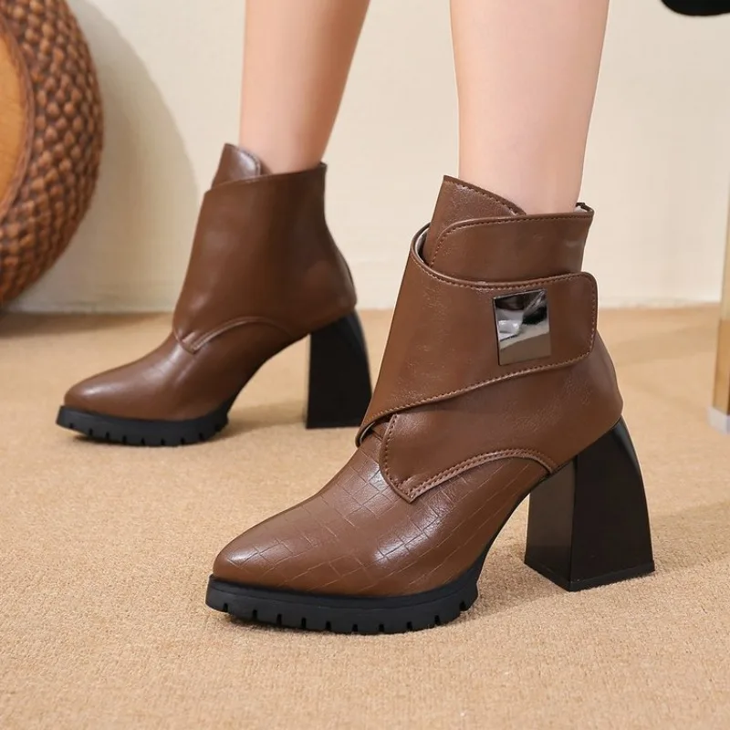 

Metal Buckle Block Heel Booties 2025 Fashion Pointed Toe Soft Sole Non-slip High Heel Shoes for Women
