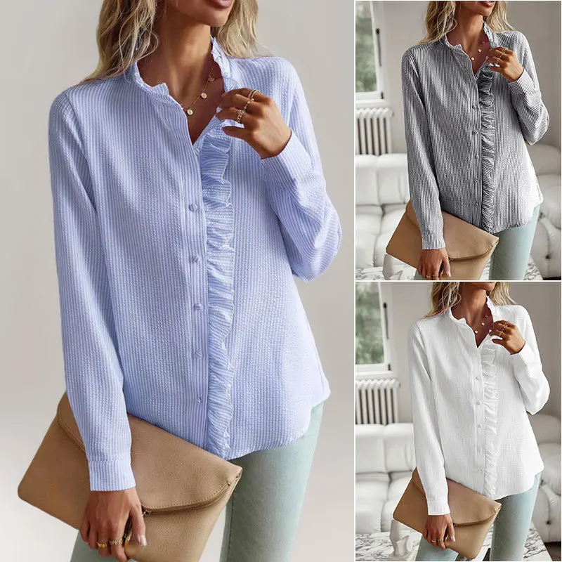 

Осенний кардиган с воротником-стойкой и оборками, топ с длинными рукавами, женская блузка, рубашка