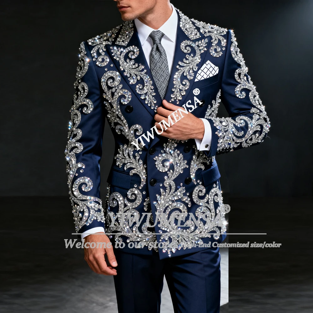 

Glittering Diamond Stones Suits Men 2 Piece Set Double Breasted Jacket Pants Customized Beaded Groom Wedding Tuxedos Prom Blazer