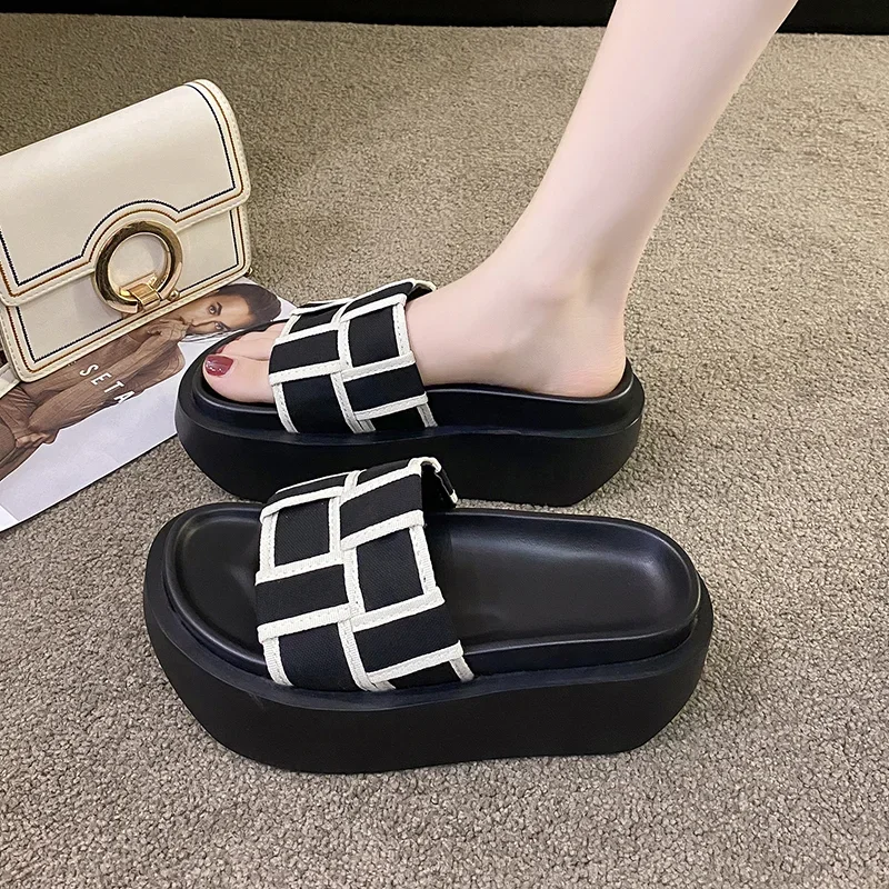 Summer 2023 Chunky Sandals Women\'s Thick Bottom Wedge Heels Slides 7CM High Heels Platform Leather Casual Beach Flip Flops Woman