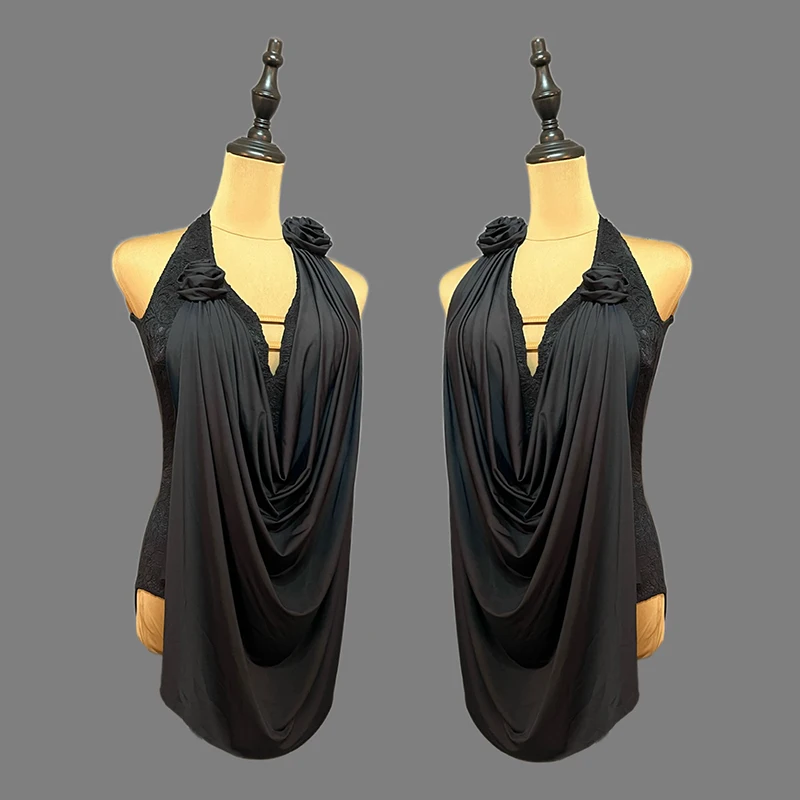 Pakaian Latihan Tari Ballroom Wanita Atasan Tari Hitam Halter Kostum Tango Standar Pakaian Tari Latin Dewasa VBH2101