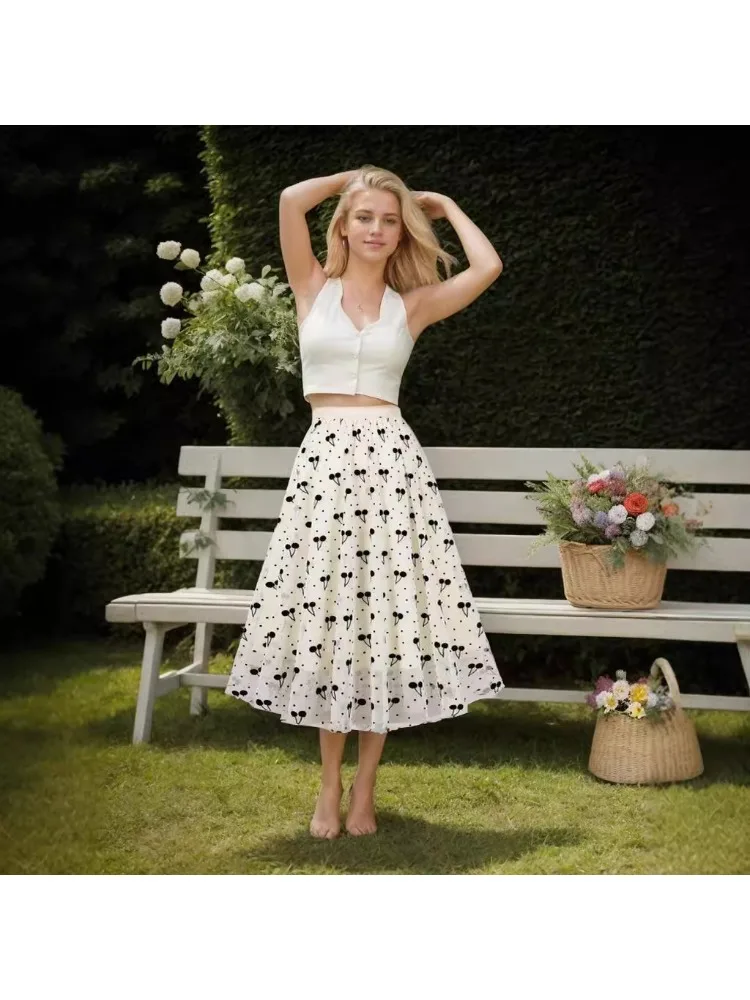 Gentle wind flocking printing a-word skirt women's skirt cross-border explosion a-word ink long skirt mesh skirt long skirt