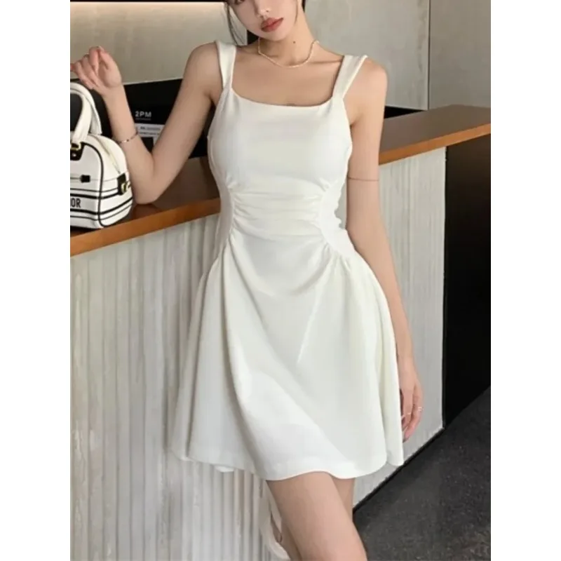 

Summer White Dress Women Waist Wrapped A-Line Sling Dress