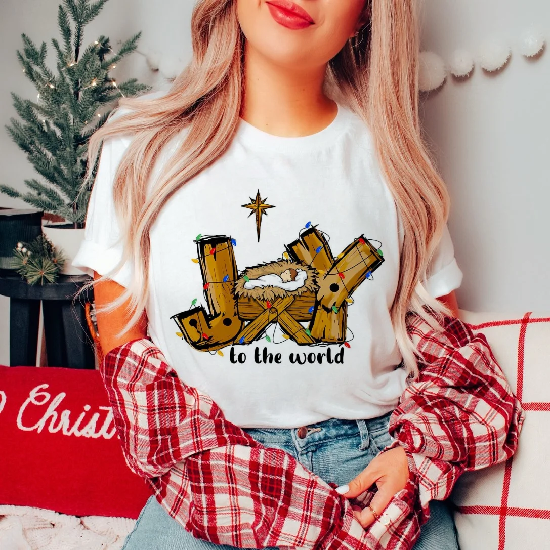 Joy To The World Christmas Christian Trendy Style 90s Fashion Short Sleeve Casual T-Shirt For Women Summer Printed Pattern T-Shi