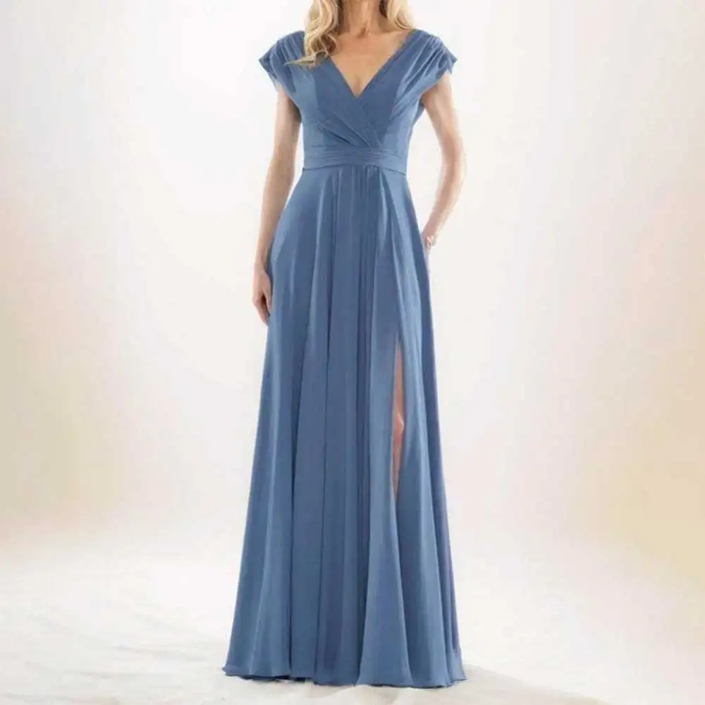 

Women V Neck Sleeveless Chiffon Pleated Side Slit Evening Dress Prom Party Dress Bridesmaid Dresses Formal Gowns فساتين سهرة