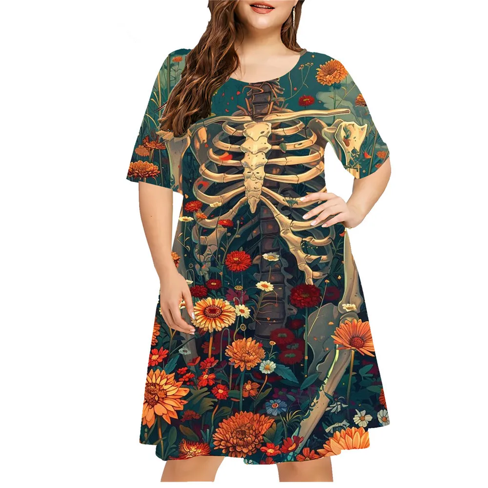 2024 New Fashion Dresses Women Horror Skull 3D Printed Dress Casual Red Flower Short Sleeve Loose Dress Plus Size Women Clothing