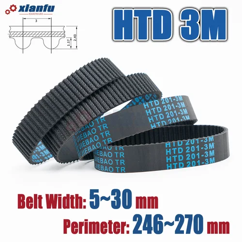 Longitud 246 ~ 270mm HTD 3M Perímetro de correa de distribución de goma 246 249 252 255 258 261 264 267 270mm Ancho 5 ~ 30mm Transmisión de accionamiento HTD3M