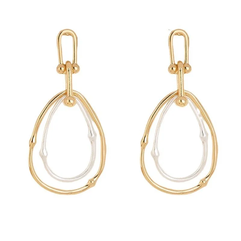 Gold Color Water Drop Hoop Earrings for Women Night Club Party Girls Two Circle Statement Earrings Personality Autumn and Winter