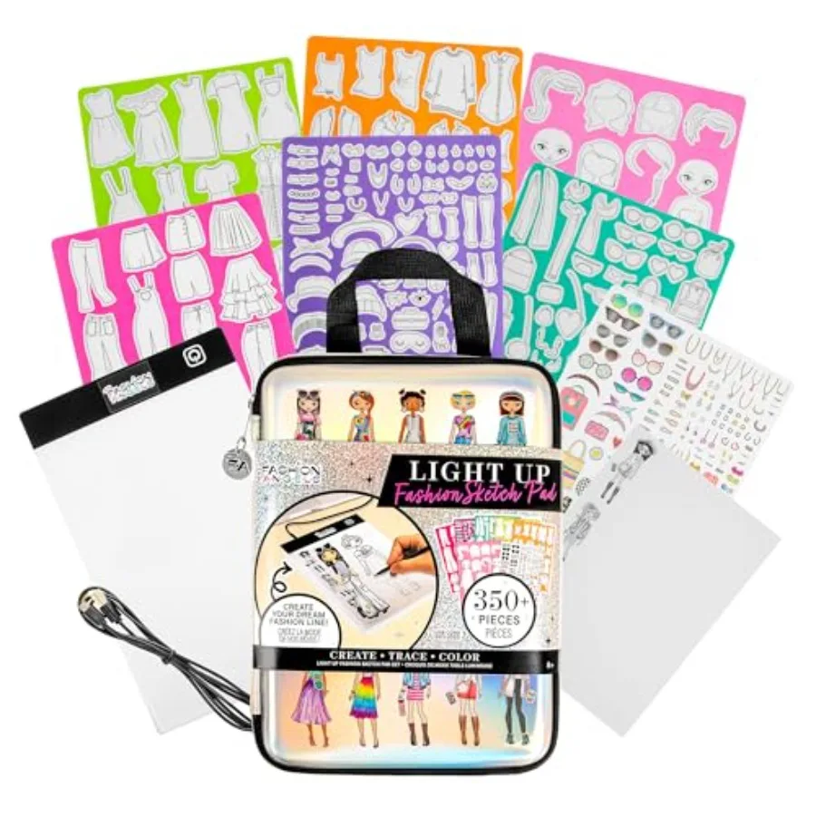 

Fashion Design Light Up Sketch and Tracing Pad Includes Holographic Carrying Case USB Ultra Thin Tablet 350+ Stencils and Stick