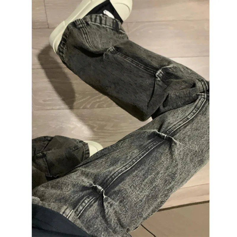 

High Street Wasteland Folded Denim Jeans Men's American Retro Pants Street Sle Cool Small Design Sensation Flared Long Trou...