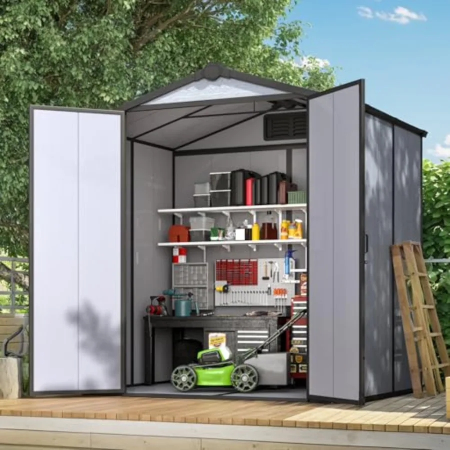 Outdoor storage shed for feet with plastic construction, gray color, weather-resistant and includes floor