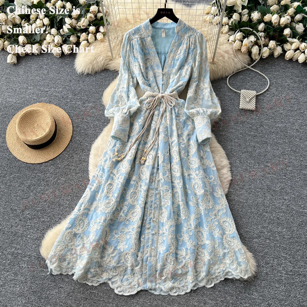 

Embroidery Long Sleeve Flower Dresses Women Summer Autumn Pearl Bohemia Formal Evening Party Dress Shirt Elegant