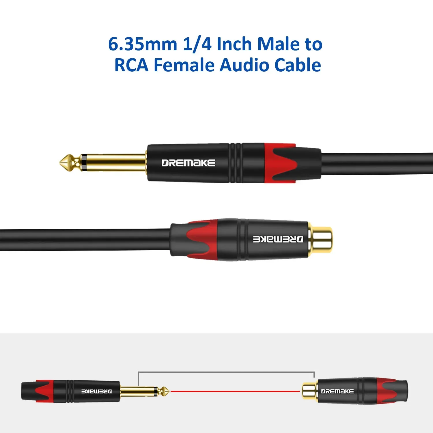 DREMAKE Audio Cable TS do RCA 6.35mm 1/4 Cal męski na RCA żeńskie (męskie) kable do gitary elektrycznej elektroniczne lub bębnowe pozłacane