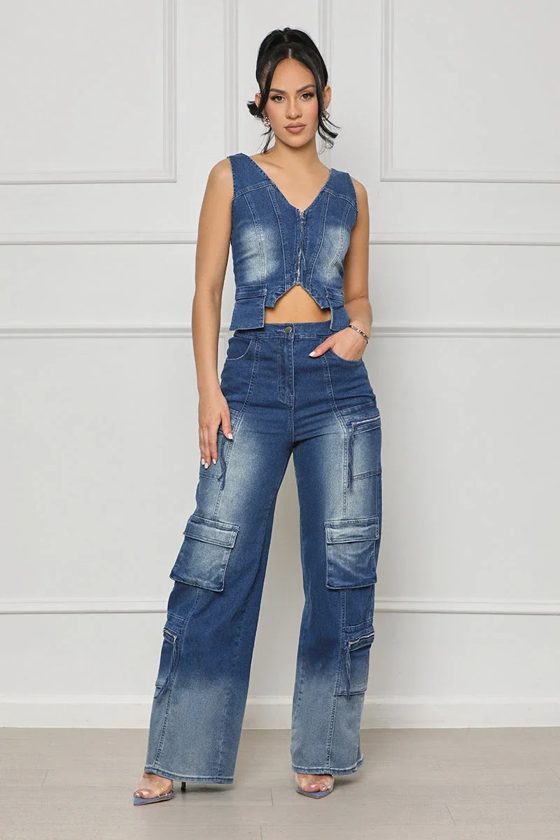 

Streetwear Jean 2 Piece Set Women Outfit Summer Y2K Clothes Sleeveless Vest Top + Pants Sets Denim Tracksuit Women Two Piece Set