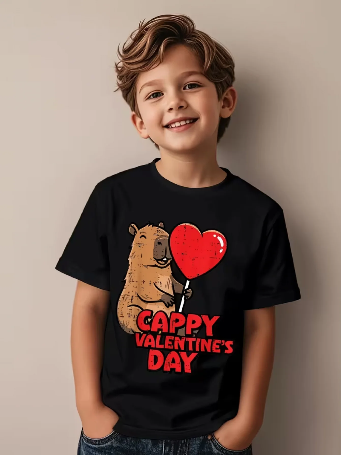 Capybara Red Heart Kids Tee Cappy Valentine Cartoon Graphic Print Boys Girls Family Matching Cotton Short Sleeve Children Tshirt
