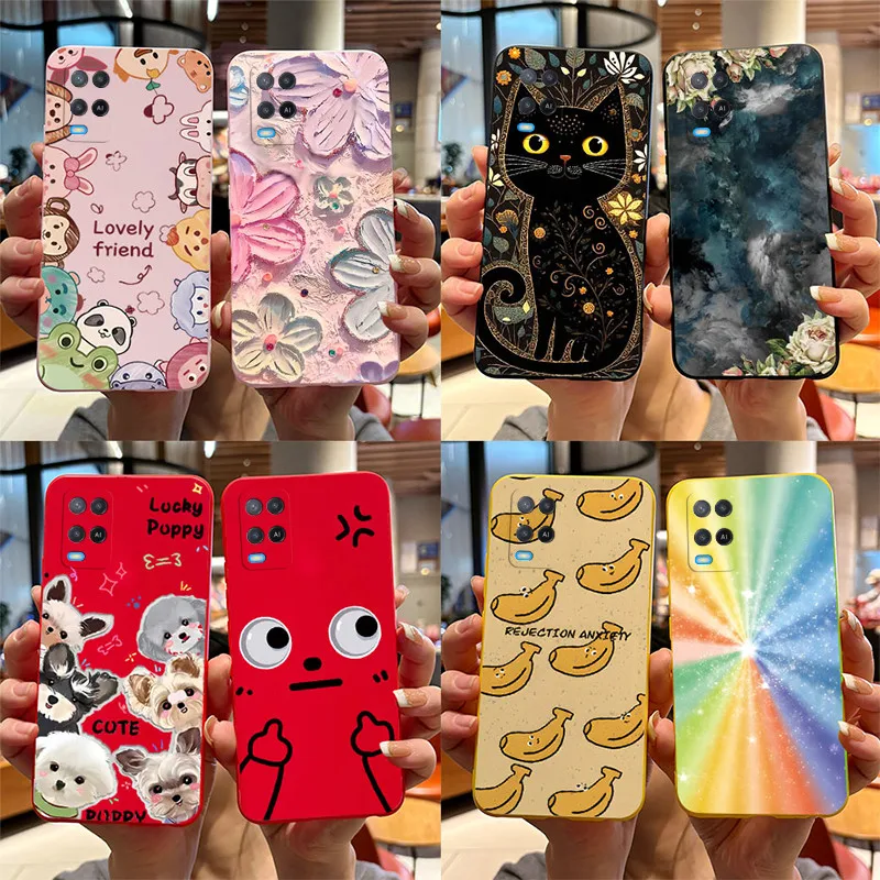 For OPPO A54 Case OPPO CPH2239 OPPOA54 A 54 4G Phone Case Cute Cartoon Black Cat Puppy Dog Matte TPU Soft Protective Back Cover