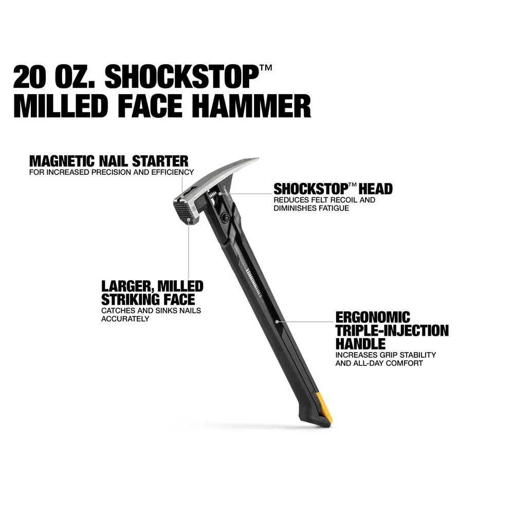 ToughBuilt 20 oz. ShockStop Steel Rip Hammer - Milled Face- Magnetic Spring Shock Absorbing Nail Hammer TB-H1-1SBR-S20X