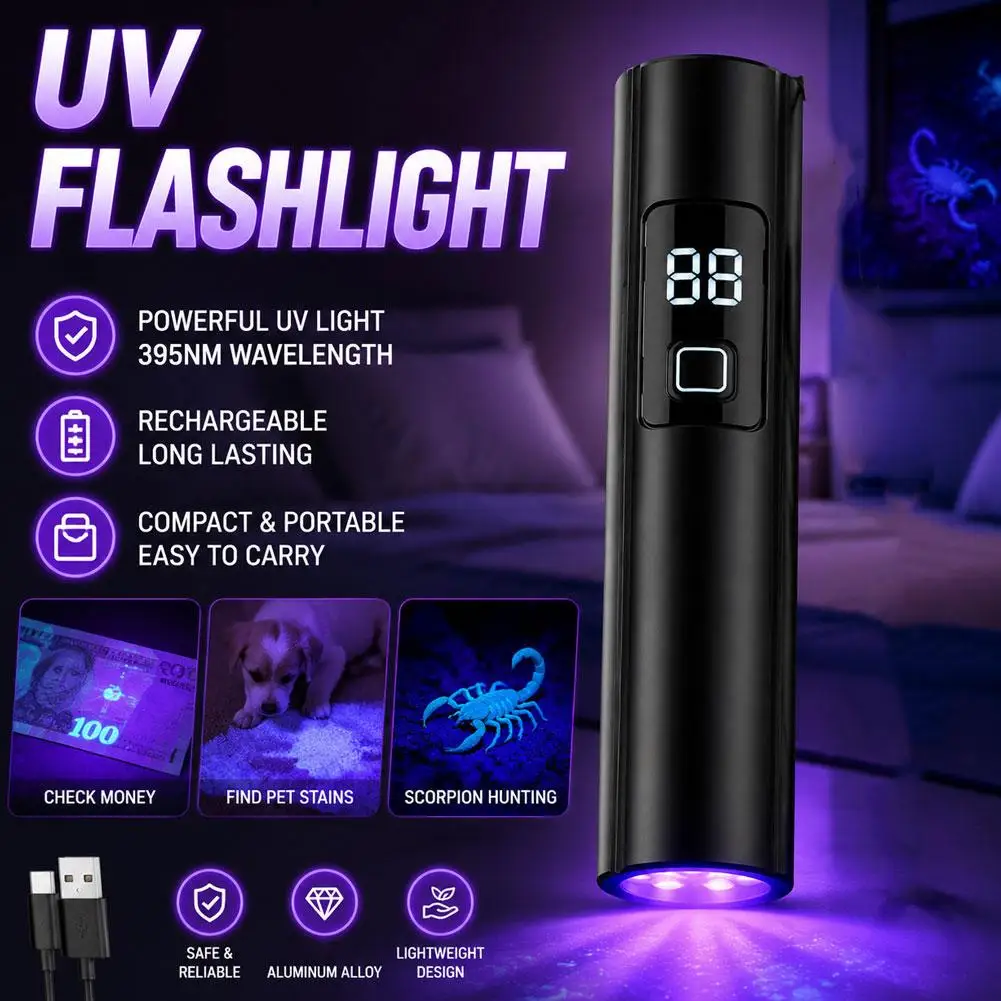 UV Flashlight Black Filter Wood's Lamp Rechargeable Ultraviolet Light Pet Urine Detector Digital Display Power Bank Function