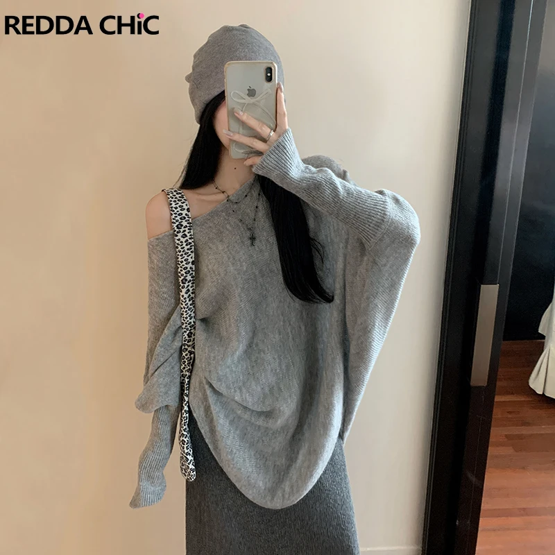 ReddaChic Women Off Shoulder Knit Jumper Top Solid Lounge Batwing Sleeves Irregular Loose Pullover Sweater Elegant Fall Clothes