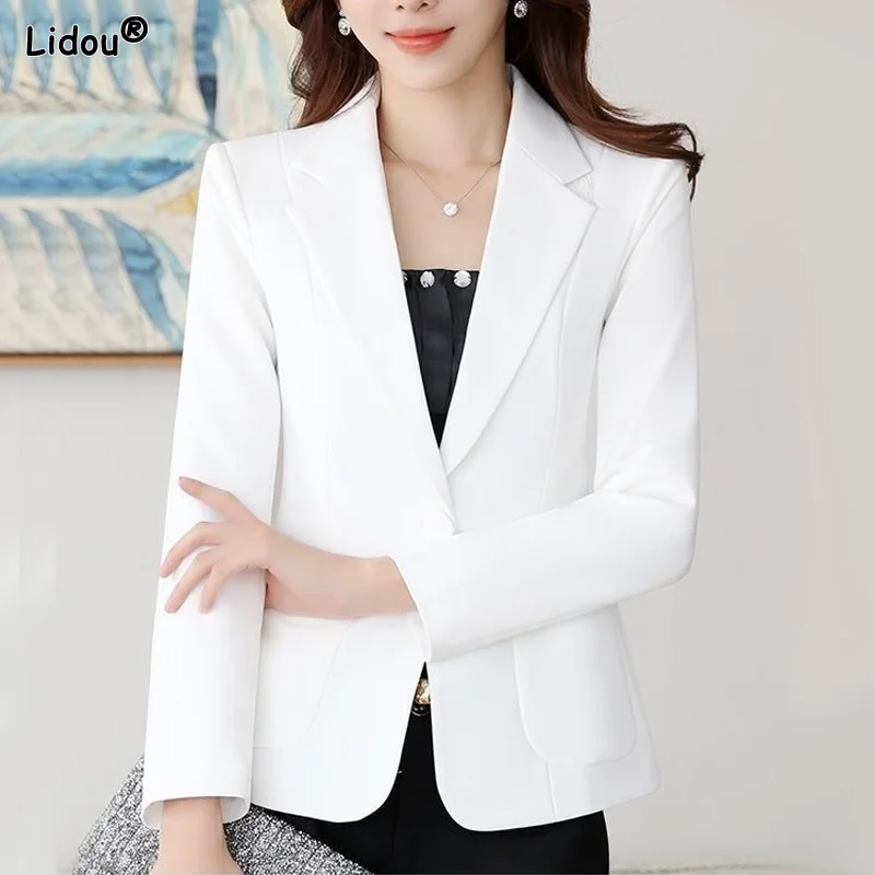 Blazer de couleur unie, poches à boutons, slim crissé mince printemps été, blazer de bureau formel, élégant, mode décontractée, vêtements pour femmes