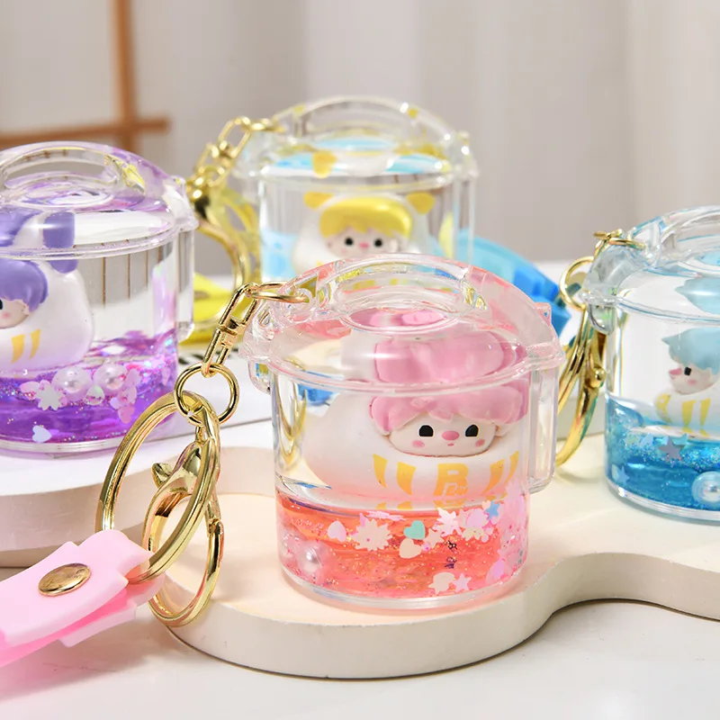 Creative Liquid Electric Cooker Shape Keyring Cute Quicksand Floating Colorful Doll Keychain Girl Bag Pendant Gifts Key Chain