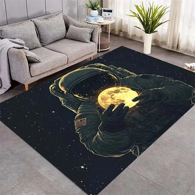 3D Starry Night Astronaut Holding Moon Themed Area Rug Space Enthusiast Home Decoration Bedroom Living Room Anti Slip Mat