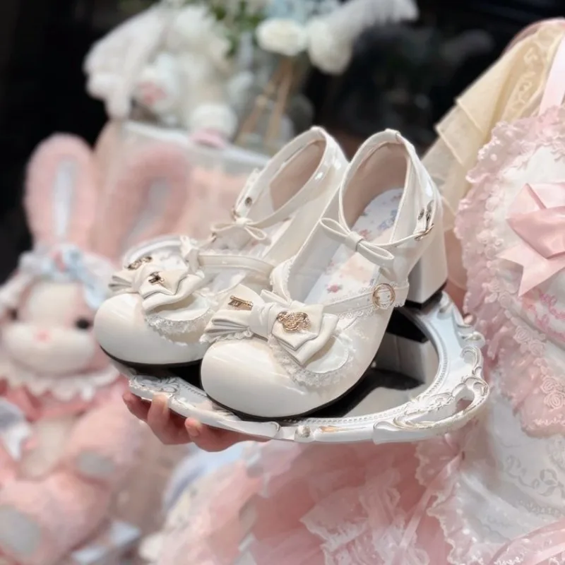 Women Lavender Lolita Mary Jane ShoesBow Metal Flower Decor Lace Trim Criss‑cross Strap Block Heel Round Toe Cosplay Party Pumps