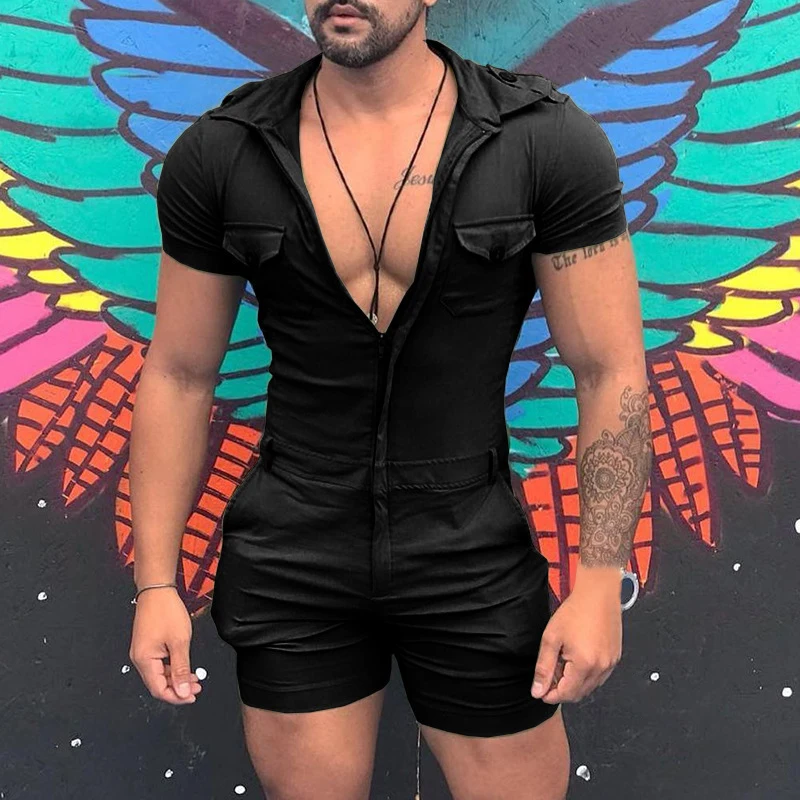 Vintage Zip-up Slim Mens Jumpsuits Summer Sexy Skinny Tight Playsuits Men Streetwear Trendy Solid Color Shorts Romper Overalls