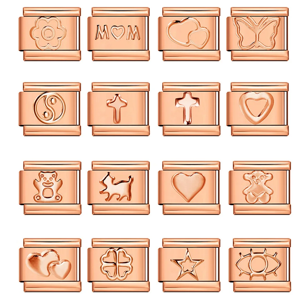 

Fashion Rose Gold Color Star Heart Bear Italian charm Link 9mm Stainless Steel Bracelet for Women Men DIY Making Gift Jewelry