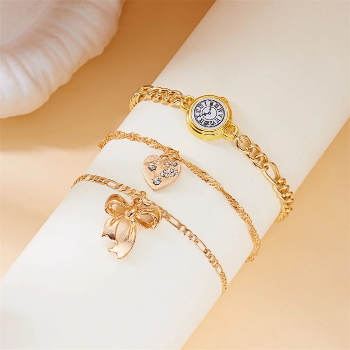 العصرية مطعمة حجر الراين Bowknot القلب ساعة على شكل قلادة قلادة أساور مجموعة للنساء الرجال لذيذ القوس مجموعة مجوهرات على شكل قلب