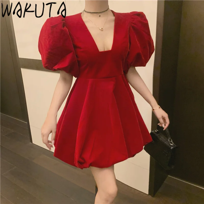 WAKUTA Women Elegant Party Dress Vintage Slim Puff Short Sleeve High Waist Clothes Korean Chic Daily Black Red Princess Dresses